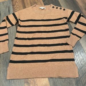 LOFT Camel/Tan and Black Striped Crew Neck Sweater with Button details XS